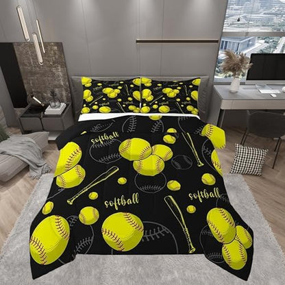 Castle Fairy White Softball Comforter Set,Yellow Softball Bat Bedding Set for Kids Girls Boys,Teens Adults Sports Softball Comforter,Ball Games Quilted Duvet Set Bedroom Collection Twin Size 2Pcs
