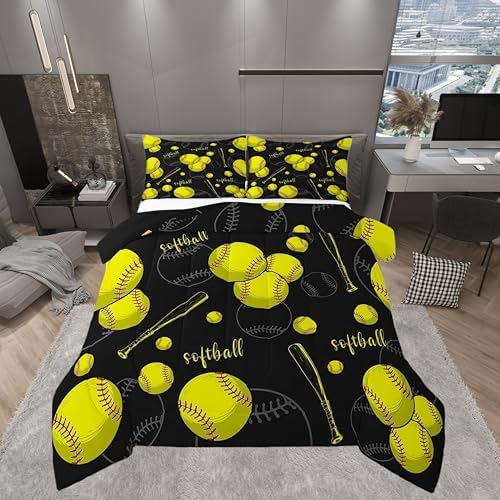 Castle Fairy Black White Softball King Size Comforter Set,Kids Softball Bat Decor All Season Bedding Set,Teens Ball Games Comforter,Softball Sketches Decor Quilt Set Bedroom Collection 3Pcs