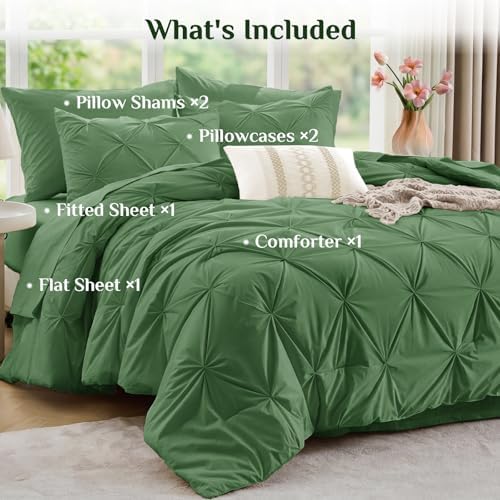 JOLLYVOGUE King Size Comforter Set 7 Pieces - Bed in a Bag King for All Season, Pintuck Bedding Comforter Sets with Comforter, Flat Sheet, Fitted Sheet and Pillowcases & Shams, Green