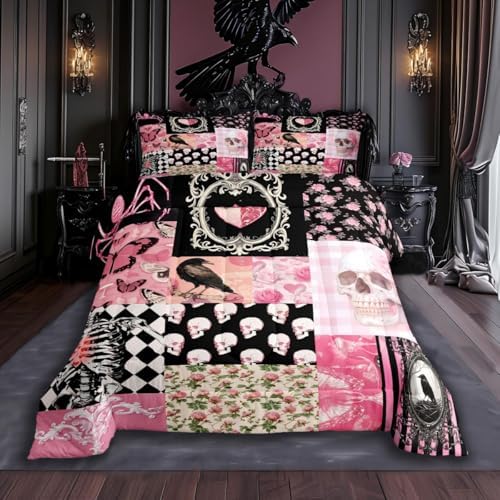 Halloween Crow Comforter Set Twin Size,Suger Skull Rose Flowers Spider Print Bedding Set,Patchwork Pink Black Grid Striped Quilt Set,Gothic Boho Duvet Insert Kids Girls Teens Halloween Decor