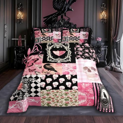 Halloween Crow Comforter Set Twin Size,Suger Skull Rose Flowers Spider Print Bedding Set,Patchwork Pink Black Grid Striped Quilt Set,Gothic Boho Duvet Insert Kids Girls Teens Halloween Decor