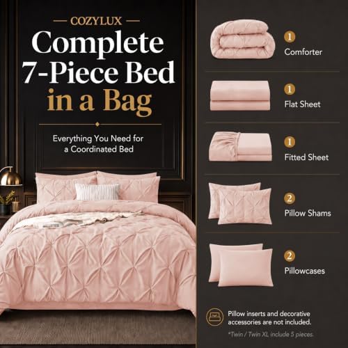 CozyLux Full Size Comforter Sets Peach Pink, 7 Pieces Pintuck Bed in a Bag