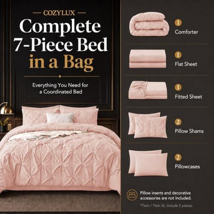 CozyLux Full Size Comforter Sets Peach Pink, 7 Pieces Pintuck Bed in a Bag