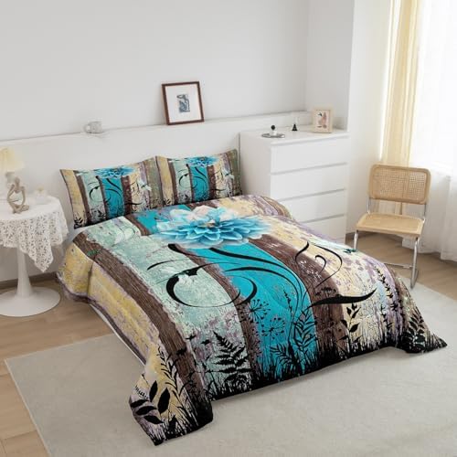 Manfei Blue Flower Comforter Set King Size, Boho Dragonfly Quilt Set with 2 Pillowcases, Vintage Wooden Board Bedding Set 3pcs for Kids Boys Girls Room Decor Botanical Floral Duvet Insert