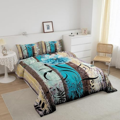Manfei Blue Flower Comforter Set Full Size, Boho Dragonfly Quilt Set with 2 Pillowcases, Vintage Wooden Board Bedding Set 3pcs for Kids Boys Girls Room Decor Botanical Floral Duvet Insert