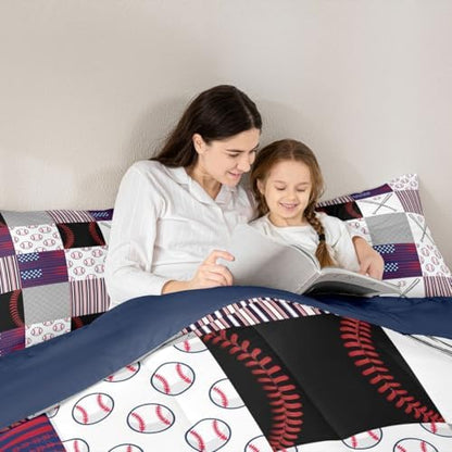 Boys Baseball Bedding Set King Ball Games Sports Comforter Set for Kids Teens,Red Blue Abstract American Flag Bedding Comforter Set Patchwork Grey Grid USA Flag Quilt Duvet Set with 2 Pillow Cases