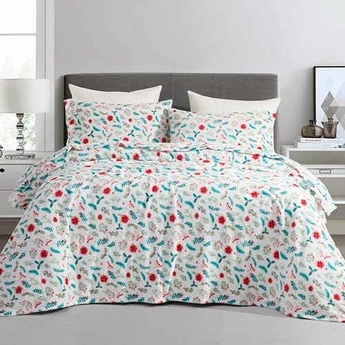 Elegant Comfort Luxuriously Soft 4-Piece Holiday Velvet Plush Flannel Sheet Set - Premium Quality - Cozy Warm, Christmas Fuzzy Velvet Flannel Fleece Deep Pocket Sheet Set - Cal King, Winter Bloom