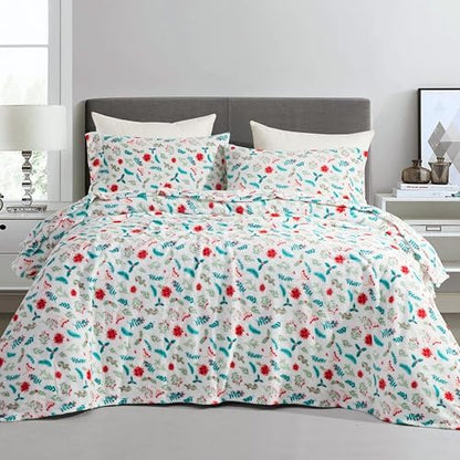 Elegant Comfort Luxuriously Soft 4-Piece Holiday Velvet Plush Flannel Sheet Set - Premium Quality - Cozy Warm, Christmas Fuzzy Velvet Flannel Fleece Deep Pocket Sheet Set - Cal King, Winter Bloom