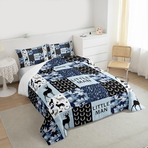 Manfei Camo Deer Antlers Comforter Set King Size Geometric Checkered Patchwork Bedding 3pcs for Xmas Decor, Boho Arrows Animals Quilt Set, Blue Rustic Duvet Insert, 2 Pillowcases (WWS10844GYY-BZ_USk)
