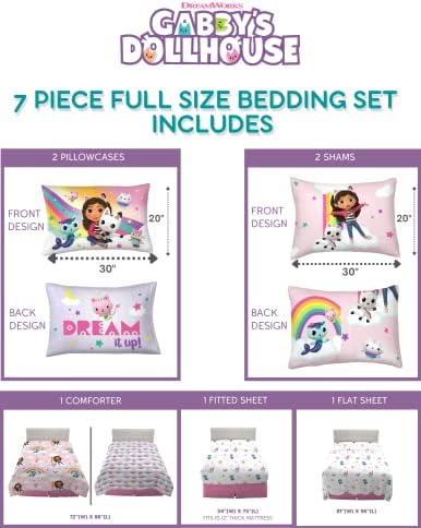 Gabby's Dollhouse Kids Full Size Bedding, 7 Piece Super Soft Cozy Reversible Comforter and Sheet Set with Sham, (Officially Licensed Product) By Franco