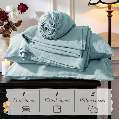 SONORO KATE 100% French Linen Queen Size Sheets Set,Natural Flax Bedding