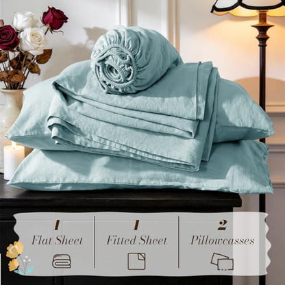 SONORO KATE 100% French Linen Queen Size Sheets Set,Natural Flax Bedding