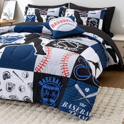 A Nice Night Sports Baseball Comforter Full Bedding Set for Boys,Blue