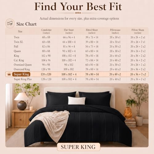 CozyLux Super King Comforter Set Black - Oversized 120x120 Bed in a Bag