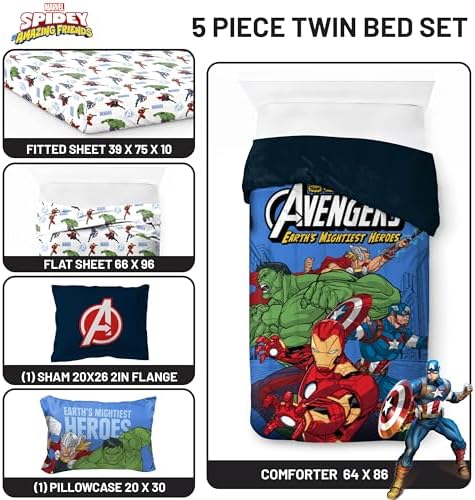 Jay Franco Kids Bed Set, Blue, Avengers, 5 Piece Twin