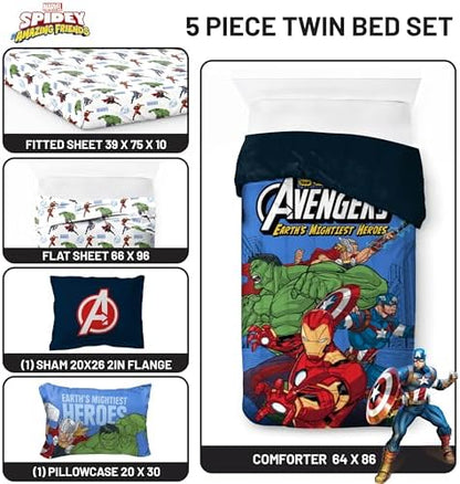 Jay Franco Kids Bed Set, Blue, Avengers, 5 Piece Twin