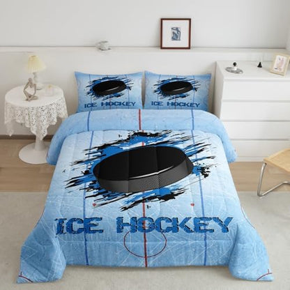Ice Hockey Comforter Set - Queen Size, 3pcs Bedding Set for Kids Boys Men Room Decor, Winter Sports Event Quilt Set, Blue Black Graffiti Hockey Duvet Insert, 2 Pillowcases