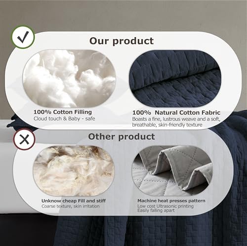 palassio Navy Blue 100% Cotton Quilt Queen Size Bedding Sets with 2 Pillow Shams, Textured Lightweight Soft Bedspread Shabby Chic Coverlet, Quilted Comforter Bed Cover for All Season, 3 Pieces