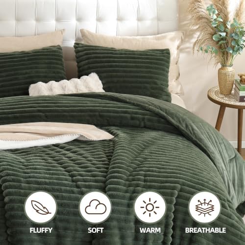 Smoofy Fluffy King Size Comforter 3 PCS - Olive Green Fleece Bedding Set