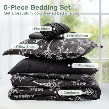 MUXHOMO Black Twin Comforter Set, Elegant Floral Print Bed in a Bag 5 Pieces, Ultra Soft & Breathable Reversible Botanical Pattern Bedding Set with Comforter, Sheets, Pillowcase, and Sham