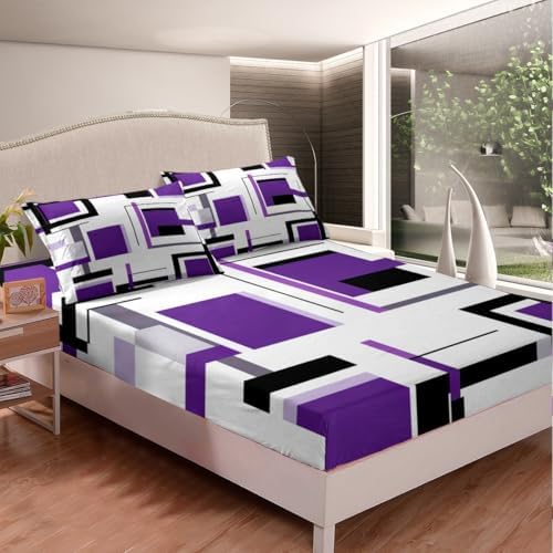 Feelyou Square Bed Sheets Purple Black White Sheet Set for Kids Boys Girls Modern Geometric Grid Bed Set Simple Graphic Decor Sheets with 2 Pillowcases 4Pcs Bedding Full
