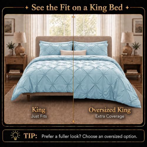 CozyLux King Size Comforter Set Light Blue, 7 Pieces Pintuck Bed in a Bag