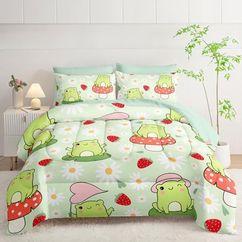 AILONEN Kawaii Frog Comforter Set Queen 7-Piece Bed in a Bag,Green Cute Frog Bedding Set for Kids Boys Girls,Soft Comforter & Fitted Sheet with Flat Sheet,2 Pillowcases,2 Pillow Shams