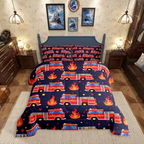 Erosebridal Boys Fire Truck Queen Comforter Set, Cartoon Red Firemen Car Bedding Set for Kids Teens Men Room Decor, Dark Blue Comforter, Fire Engine Polka Dots Quilt with 2 Pillowcases, 3 Pcs