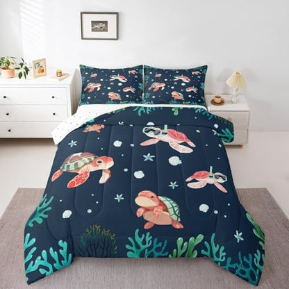 Homewish Cartoon Turtle Bedding Set King Size,Shell Coral Comforter Set 3Pcs for Kids Girls Boys Teens Room Decor,Diving Theme Sea Animals Quilt Set Blue Green Duvet Insert,2 Pillowcases