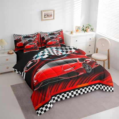 Feelyou Race Car Bed Set for Kids Boys Girls King Size Speed Sports Car 7 Pieces Beeding Set Teen Adult Ultra Soft Extreme Sports Bed in a Bag with Comforter, Sheets, Pillowcases Cool Car Room Decor