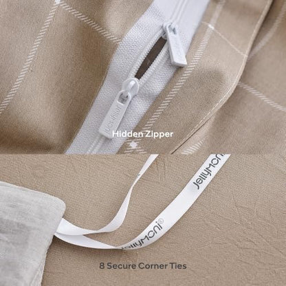 JELLYMONI 100% Cotton Plaid King Duvet Cover Set, Tan