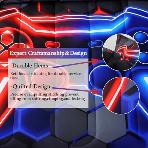 JQinHome Full Gaming Bedding Set 6-Piece Comforter for Kids Teens - 3D Video Game Console Print Bed in a Bag with Ultra-Soft Fluffy Sheets, Red-Blue Unisex Design (Full)
