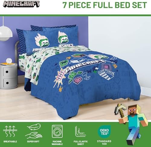 Minecraft Creeper Full Size Comforter Set 7 Piece Kids Bedding, Blue
