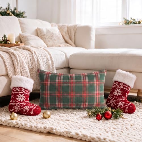 AVOIN colorlife Christmas Green Red Plaid Decorative Throw Pillow Covers, 12 x 20 Inch Holiday Scottish Tartan Cushion Case Farmhouse Decoration for Sofa Couch Set of 2
