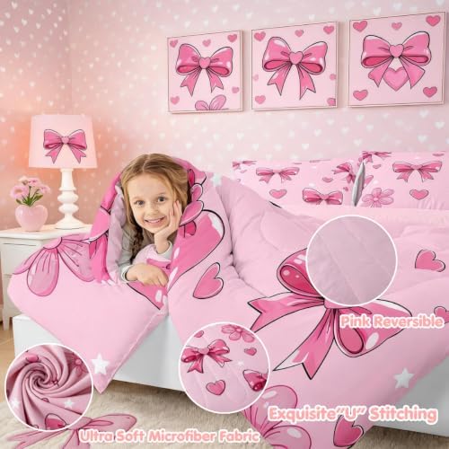 jejeloiu Pink Bow Kids Comforter Set King Size Bowknot Bedding Set Butterfly Bowknot Duvet Quilt for Kids Boys Girls Bedroom Pink Decor Microfiber Ultra Soft Breathable
