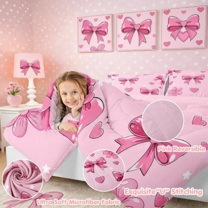jejeloiu Pink Bow Kids Comforter Set Queen Size Bowknot Bedding Set Butterfly Bowknot Duvet Quilt for Kids Boys Girls Bedroom Pink Decor Microfiber Ultra Soft Breathable