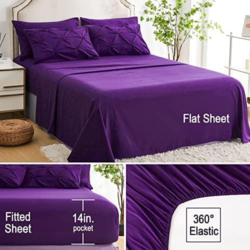 Ubauba 7pc Purple Comforter Set Queen Size with Sheets, Pintuck 7 Piece Bedding Comforters Bed in a Bag for All Season, Pinched Pleat Bed Set with Comforter (Purple,Queen)
