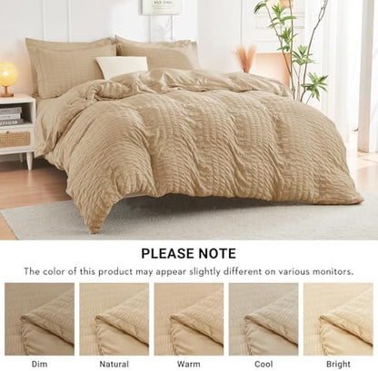 HYMOKEGE Khaki California King Comforter Set Seersucker 7 Pieces, All Season Luxury Bed in a Bag for Bedroom, Bedding Set with Comforter, Sheets, Pillowcases & Shams