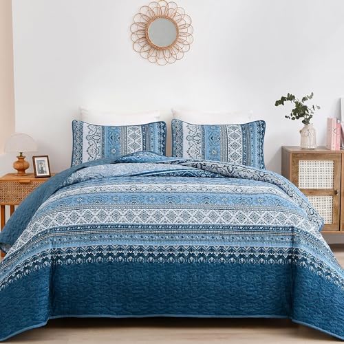 WONGS BEDDING Blue Quilt California King Size,3 Pcs Bedspread Bedding Set