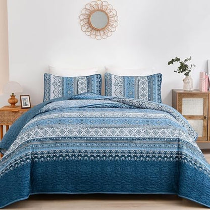 WONGS BEDDING Blue Quilt California King Size,3 Pcs Bedspread Bedding Set
