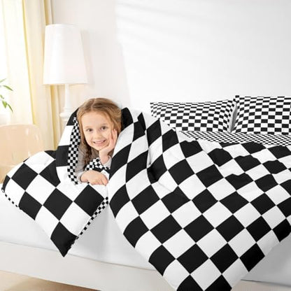 Manfei Black and White Plaid Comforter Set King Size, Reversible Geometric Square Grid Bedding Set 3pcs, Kids Boys Teens Room Decor, Soft Lattice Checkerd Down Comforter for All Season, 2 Pillowcases