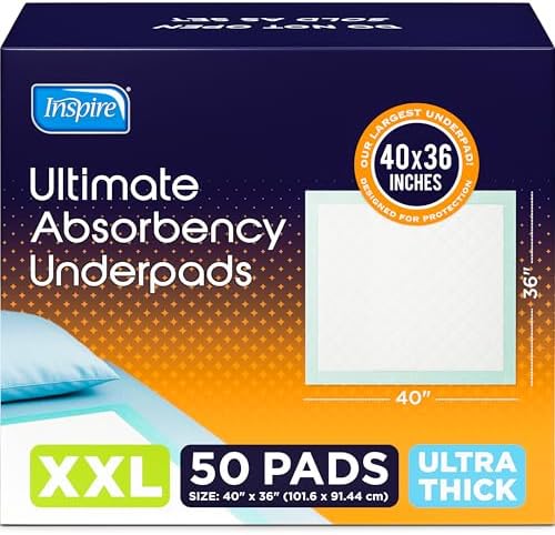 Inspire Extra Large Super Absorbent Disposable Bed Pads for Incontinence Ultra Thick and Absorbent Bed Pads Disposable Adult | Puppy Pads Pee Pads for Adults (40" X 36" Pack of 50)