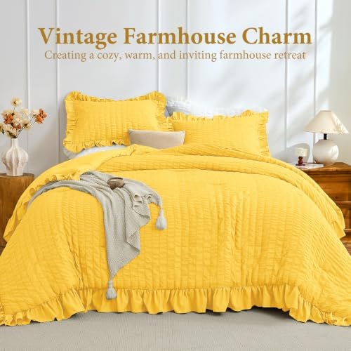 JOLLYVOGUE Pumpkin Yellow Queen Comforter Set,3pcs Seersucker Bed Set