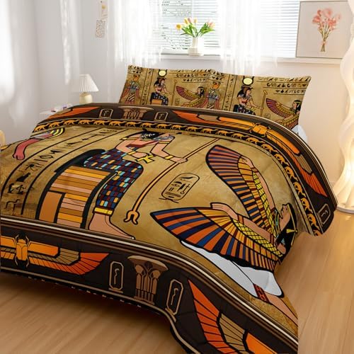 Nttopship Ancient Egypt Comforter Bedding Set with 2 Pillowcase King Size Pharaoh Pyramid Comforter Set for Kids Boys Girls Bedroom Decor