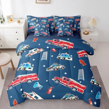 Feelyou Fire Truck Comforter Set Twin Size 7 Pcs Bedding Set Boys Girls