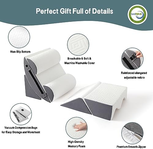 Wedge Pillow for Sleeping - High Density Foam Triangle Pillow for Elevated Sleeping, Post Surgery Support, Bed Wedge Pillow for Headboard, White Grey, 7.5" (White Grey, 6PCS)