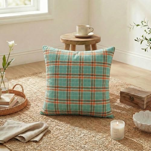 AVOIN colorlife Spring Summer Aqua Orange Plaid Decorative Throw Pillow Covers, 18 x 18 Inch Holiday Scottish Tartan Cushion Case Farmhouse Decoration for Sofa Couch Set of 2