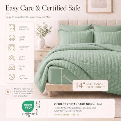 CozyLux California King Comforter Set, Sage Green Seersucker Bed in a Bag