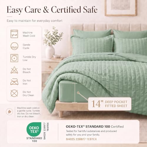 CozyLux Oversized King Comforter Set 120x98, 7-Piece Sage Green Seersucker