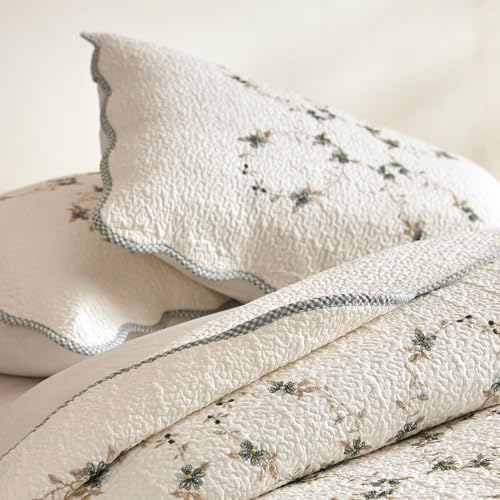 MarCielo 3Pcs Soft Cream Cotton Quilt Bedspread Set European Cottage Style TC153